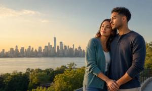Young couple embracing with the New York City skyline behind them, representing relationship-centered addiction treatment and recovery support.