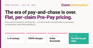 Infographic: "The era of pay-and-chase is over. Flat, per-claim Pre-Pay pricing." Cards strike through % of savings, PEPM charges, and dollar thresholds, resolving to one flat fee per claim.