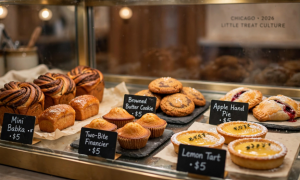 Chicago independent bakery display case 2026 little treat culture mini babka two-bite financier browned butter cookie apple hand pie lemon tart $5 pastries