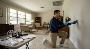 A man wearing gloves uses a thermal imaging device to inspect a wall in a living room. Testing equipment and a clipboard are on a nearby table.