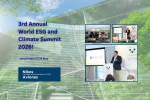 Nikos Avlonas presenting product circularity at the 3rd Annual World ESG & Climate Summit 2026 in Amsterdam.