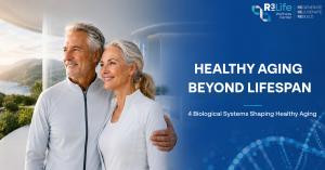 Healthy older couple representing healthy aging alongside the theme of longevity research and four biological systems influencing healthspan.