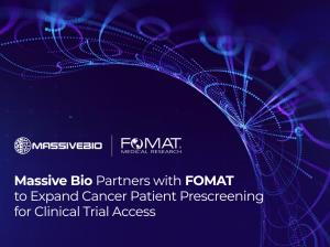 Massive Bio and FOMAT Medical Research partnership announcement graphic with abstract blue and purple digital network design.