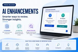 Press release graphic announcing GMR Transcription's AI Enhancements featuring AI Summary and AI Analysis tools for reviewing and analyzing human-prepared transcripts.