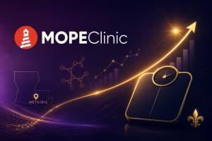 MOPE Clinic graphic showing a scale and upward health trend for testosterone and weight loss education in Metairie, Louisiana
