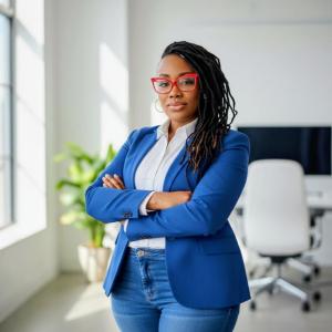 Kim Nelson-Wright, a Black woman with long dark locs and red glasses, stands with arms crossed in a blue blazer and white blouse in a bright modern office.
