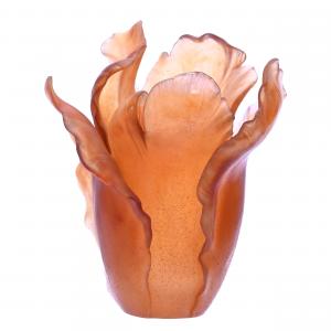 Floriform vase signed Daum (France), pate de verre (opaque, dense glass having a frosted surface), beautiful in size and condition, solid amber with an elaborate petal design. Estimate: $3,500-$5,500