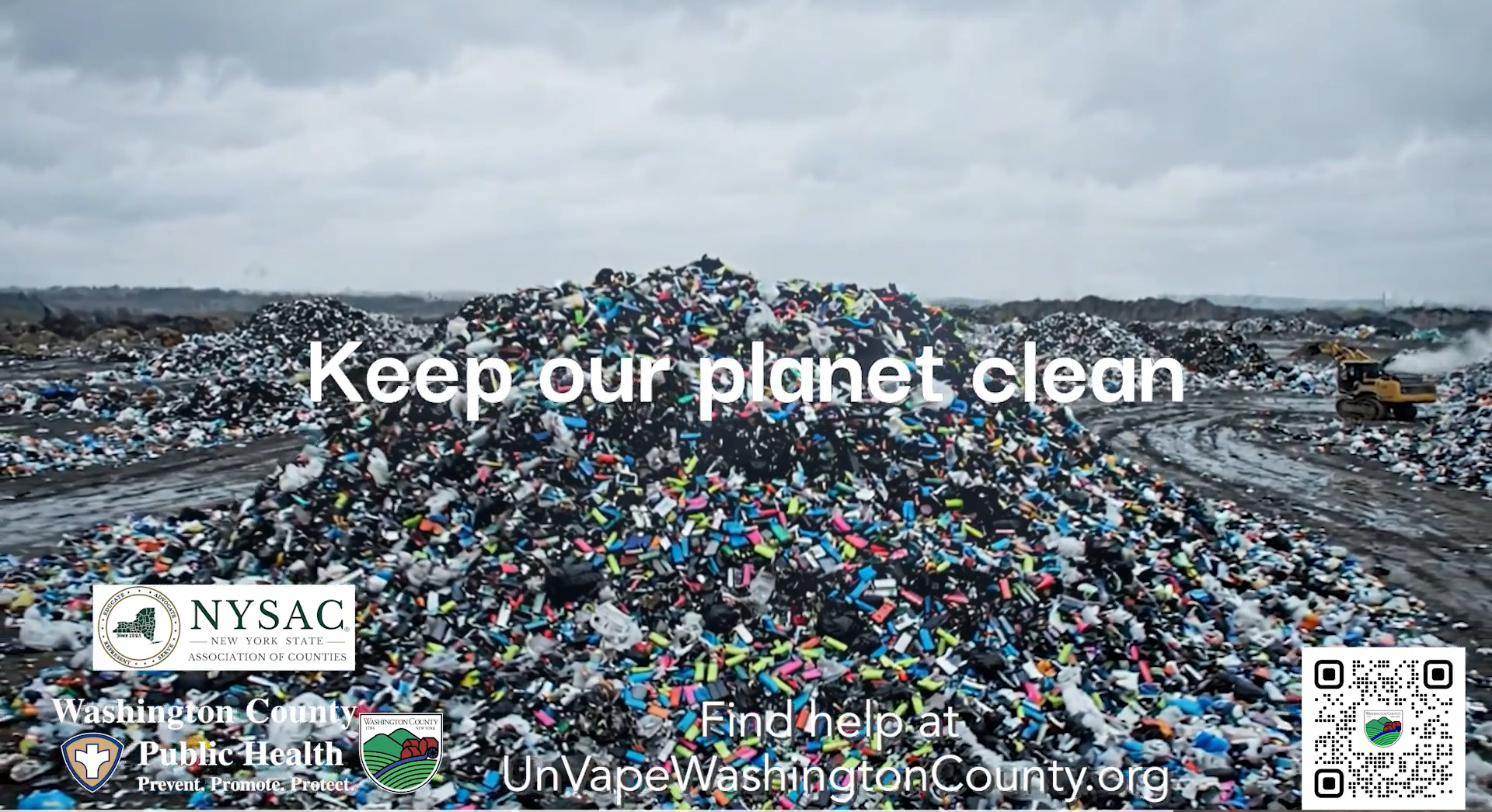 Image of a landfill including vaping pens and other trash that doesn't easily degrade with the text "Keep our planet clean"