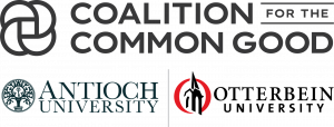 Coalition for the Common Good logo featuring a dark gray interlocking circular symbol beside the organization’s name in large capital letters. Below, separated by a vertical gray line, are the logos of its founding institutions: Antioch University, with a