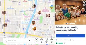 Interactive MapZamurai map showing travel-content pins and a bookable private ramen-making experience in Kyoto.