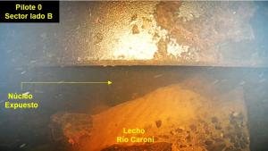 CHASING X underwater inspection image of Pile 0 in Venezuela’s Caroní River, annotated to show the exposed pile core and surrounding riverbed scour.