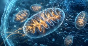 3D illustration of mitochondria inside a human cell showing ATP energy production and cellular metabolism.