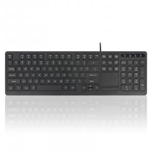 Front view of the black PERIBOARD-513 III full-size wired keyboard with integrated touchpad, mouse buttons, numeric keypad, and USB cable on a white background.