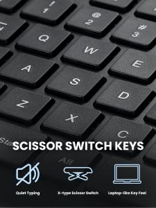 Close-up of the black PERIBOARD-513 III keyboard keys with text highlighting quiet typing, X-type scissor-switch keys, and laptop-like key feel.