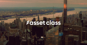 Aerial view of Manhattan at dusk, with skyscrapers stretching toward the Hudson River under a pink and grey sky, overlaid with the white Asset Class logo centred in the frame.