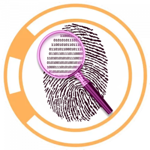 A composite image of a fingerprint and magnifying glass