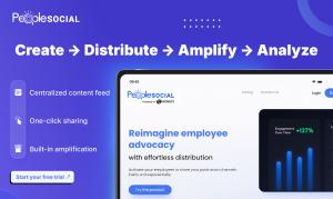 PeopleSocial employee advocacy platform featuring centralized content management, one-click sharing, built-in content amplification, and analytics for employee-led brand growth.