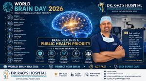 This World Brain Day 2026 infographic by Dr. Rao's Hospital – International Institute of Neurosciences (IIN), Guntur, Andhra Pradesh, emphasizes the global theme "Brain Health as a Public Priority." The visual highlights major neurological conditions incl