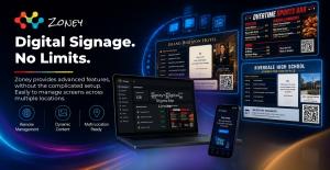 Zoney digital signage platform overview showing the dashboard interface on a laptop, mobile app, and display mockups with the slogan Zoney Digital Signage No Limits.