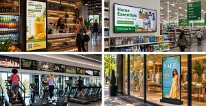 Four real-world examples of Zoney digital signage in a cafe, retail store aisle, gym multi-screen setup, and clothing shop storefront.