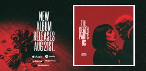 Till Death Parts Us album cover in red and black, showing a woman face to face with a skeletal figure whose bony hand touches her chin, beside text announcing the new Beyond Disdain album releasing August 21