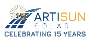 Artisun Solar logo celebrating 15 years. It shows the original Artisun Solar logo with "Celebrating 15 Years" below the logo.
