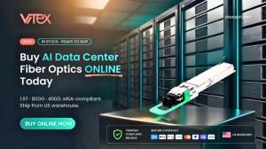 Vitex banner announcing AI data center fiber optics available to buy online — an 800G OSFP transceiver in front of data center racks with a Buy Online Now button for vitextech.com.