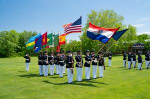 Missouri Military Academy Color Guard presents the colors during a military review on Colonels Field.