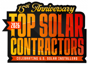 Solar Power World 2026 Top Solar Contractors 15th Anniversary logo celebrating U.S. solar installers.