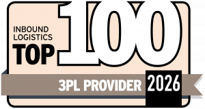 Top 100 3PL Award badge with text in shades of champagne.