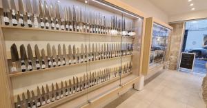 Japanese kitchen knife display at MUSASHI JAPAN