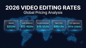 Infographic showing 2026 video editing hourly rates across five regions: Manila $25, Latin America $12–50, Eastern Europe $15–55, New York $90+, UK agencies $114–228