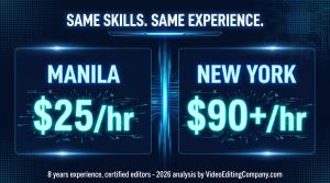 Split-screen graphic comparing video editor rates for identical experience levels: Manila $25 per hour versus New York $90+ per hour