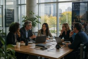 A group of college executives discussing how to improve their college enrollment in Canada