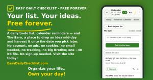 Easy Daily Checklist free daily checklist app graphic with the tagline "Your list. Your ideas. Free forever." and a phone screenshot of The Barn, the app's saved-ideas feature.