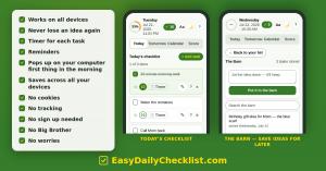 Screenshots of the Easy Daily Checklist free habit tracker app showing today's daily to-do list and The Barn idea-storage feature, next to a list of privacy features including no account, no ads, no tracking, and no sign-up needed.
