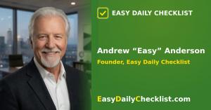 Portrait of Andrew "Easy" Anderson, founder of the free daily checklist app Easy Daily Checklist, smiling in an office with a city skyline in the background.