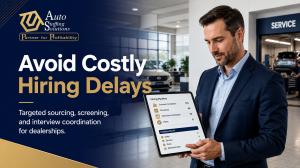 Dealership manager reviewing an automotive hiring pipeline with Auto Staffing Solutions branding and the message “Avoid Costly Hiring Delays.”