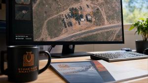 Stone Harp Analytics workstation displaying satellite imagery, with a branded SIGMA intelligence report on the desk.