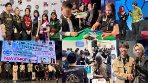 One image of all M.LEAGUE guests at press conference, one image of all guests from Japan on stage, two images of people playing mahjong in New York, one image of a pro being interviewed, and one image of the winner with Sho Shiratori