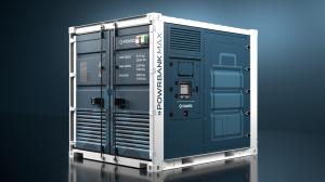 A dark blue POWRBANK MAX mobile battery storage container with white corner frames, showing double access doors, a ventilation grille, and a control panel with a digital display and POWR2 branding, photographed at an angle against a dark gradient backgrou