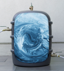 Waterfull Barrel emergency water storage system showing passive water circulation through a transparent panel on a dark gray barrel with plumbing connections