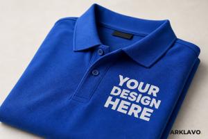 Close-up of a royal blue custom branded polo shirt from Arklavo with a bold Your Design Here placeholder printed on the left chest.