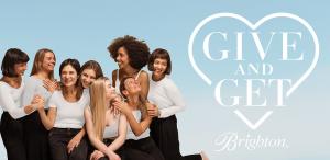 Group of seven smiling women embracing each other, with Brighton's "Give and Get" heart logo beside them.