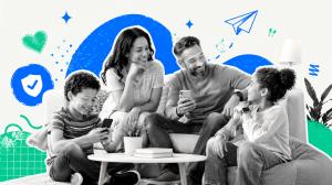 A family sits together on a couch, smiling and using smartphones, surrounded by blue and green illustrations symbolizing connection and online safety.