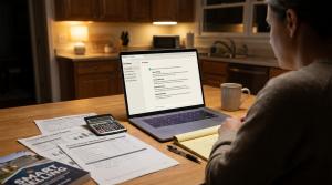 A homeowner uses an AI assistant on a laptop to research home pricing, comparable sales, and seller disclosures while preparing to sell a home.