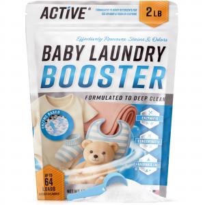 ACTIVE Baby Laundry Booster. Enzymatic powder designed to boost standard laundry detergents to improve cleaning performance.