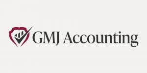 GMJ Accounting logo with a maroon shield and dark checkmark beside the company name in serif type