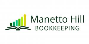 Manetto Hill Bookkeeping logo with green bar chart and yellow arrow rising from an open book beside the company name
