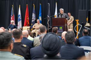 Jensen Huang, founder and CEO of NVIDIA, delivers remarks during the NVIDIA DGX GB300 AI supercomputer commissioning ceremony at the Naval Postgraduate School (NPS) in Monterey, California, July 22, 2026.